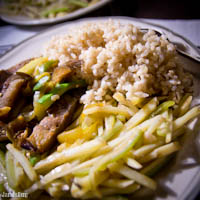 Eggplant, cucumber, soy sauce sautee; potato, celery, rice vinegar saute; brown rice